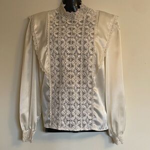 1980s Vintage Ivory Lace-Panel Satin Victorian Inspired Blouse